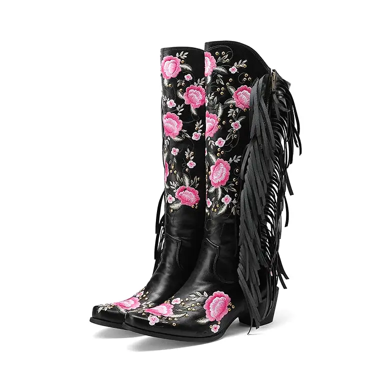 2023 Brand New High Heeled Women Knee High Western Boots Pointed Toed Fringed Flower Zip Spring Autumn Lady Shoes