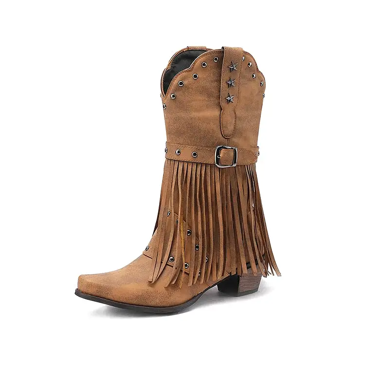 2023 Brand New High Heeled Women Western Mid-calf Boots Pointed Toed Fringed Buckle Metal Star Decor Spring Shoes