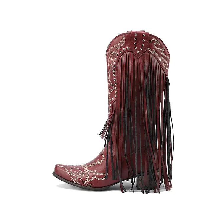 2023 Brand New High Heeled Women Western Mid-calf Boots Pointed Toed Fringed Slip-on Spring Autumn Fashion Shoes