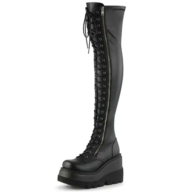 2023 Gothic Punk Biker Women Thigh Boots Wedges High Heels Platform Over The Knee Boots Autumn Shoes