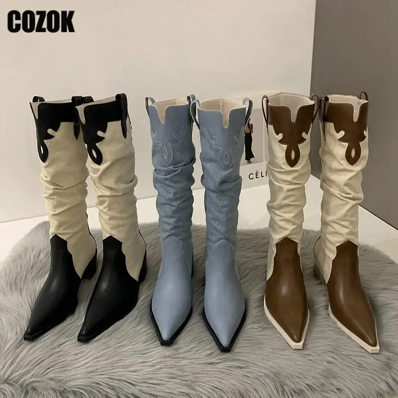 2023 New Western Cowboy Boots Ladies Vintage Pointed Toe Denim Winter Women Knee High Boots Long Slip On Pleated Shoes Female