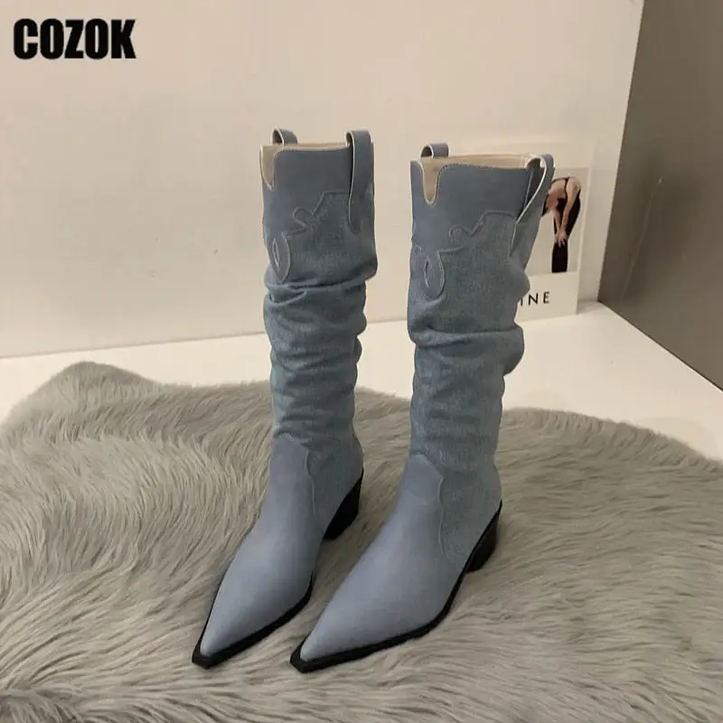 2023 New Western Cowboy Boots Ladies Vintage Pointed Toe Denim Winter Women Knee High Boots Long Slip On Pleated Shoes Female