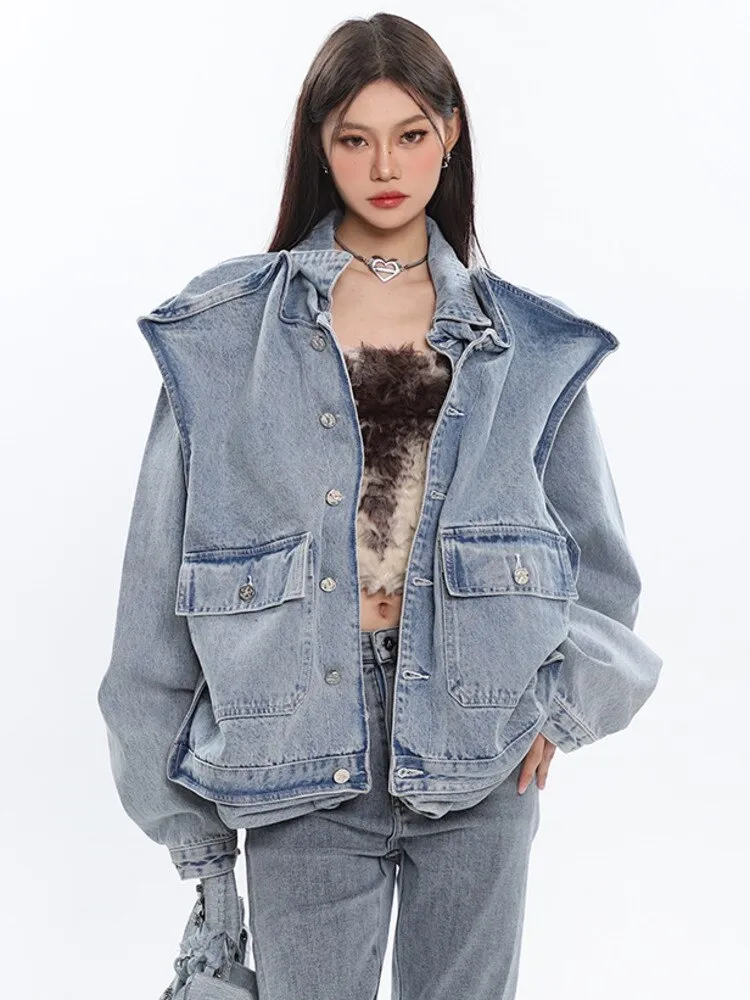 3D Shoulder INNOVATIVE Denim Jacket Oversize Long Sleeve Cool Coat For Women