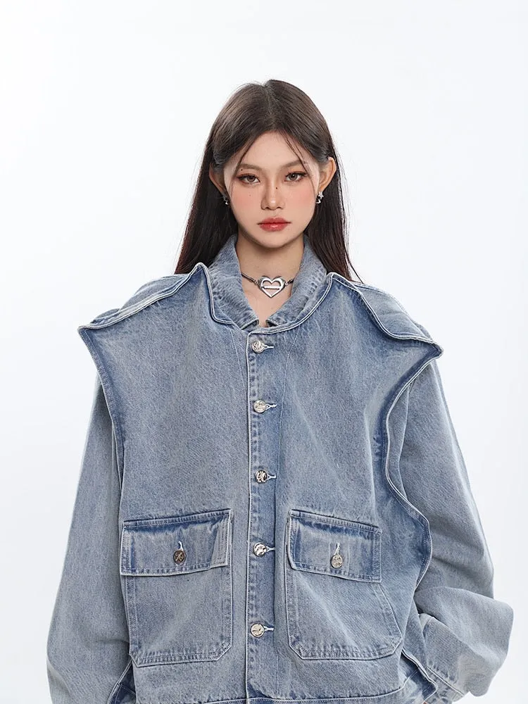 3D Shoulder INNOVATIVE Denim Jacket Oversize Long Sleeve Cool Coat For Women