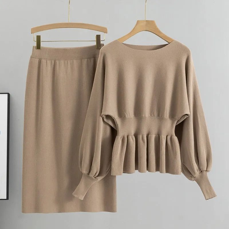 Autumn Elegant Two Piece Set Women Lantern Long Sleeves Crop Tops and Skirts Sets