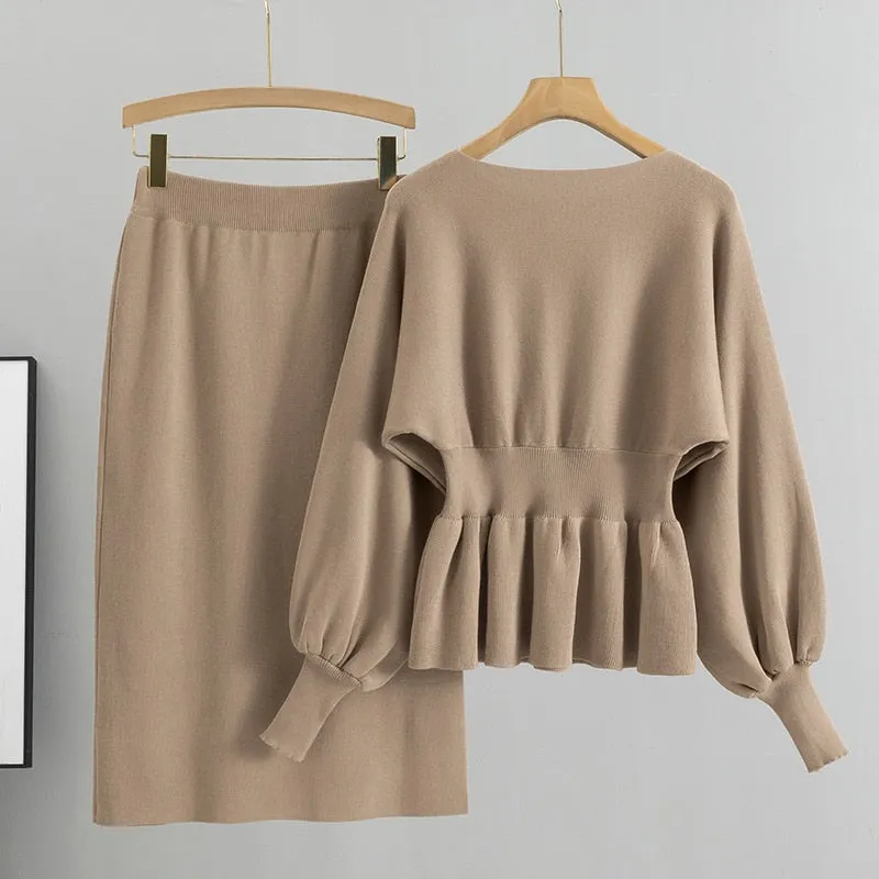 Autumn Elegant Two Piece Set Women Lantern Long Sleeves Crop Tops and Skirts Sets