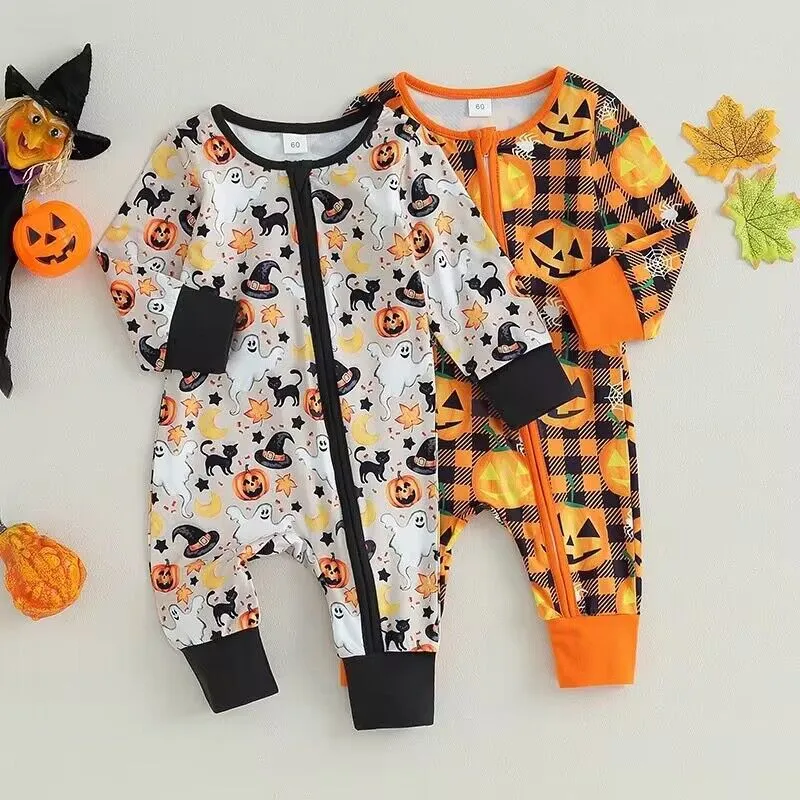 Baby Girls Boys Checked Cartoon Print Halloween Jumpsuits Wholesale 23090641