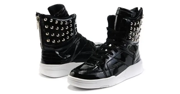 Black Patent Metal Studs High Top Lace Up Punk Rock Sneakers Mens Shoes