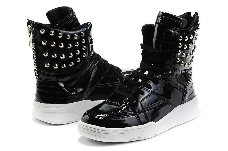 Black Patent Metal Studs High Top Lace Up Punk Rock Sneakers Mens Shoes