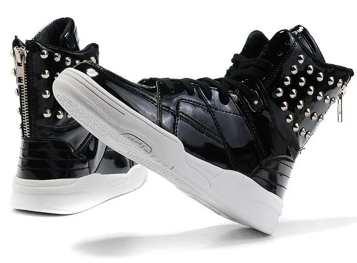 Black Patent Metal Studs High Top Lace Up Punk Rock Sneakers Mens Shoes