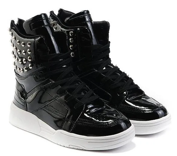 Black Patent Metal Studs High Top Lace Up Punk Rock Sneakers Mens Shoes