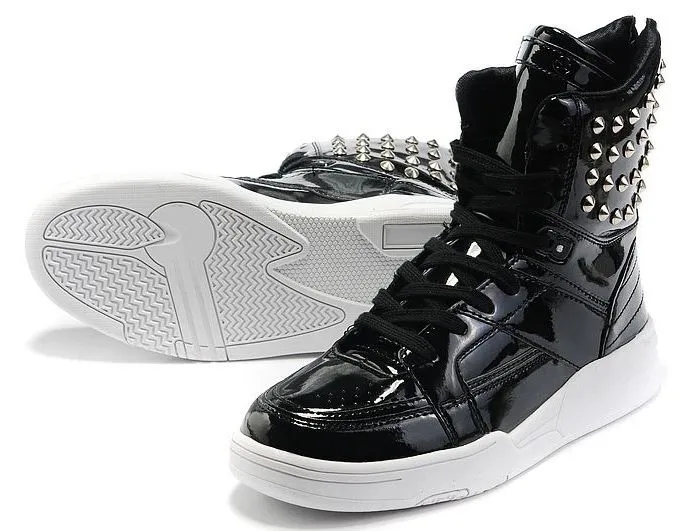 Black Patent Metal Studs High Top Lace Up Punk Rock Sneakers Mens Shoes