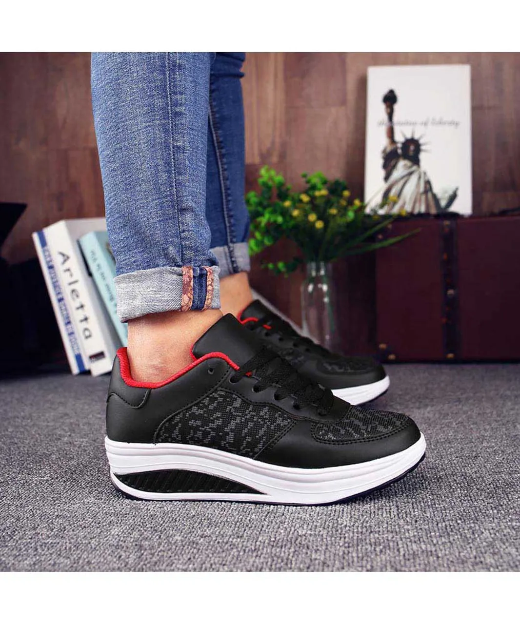 Black texture pattern rocker bottom shoe sneaker