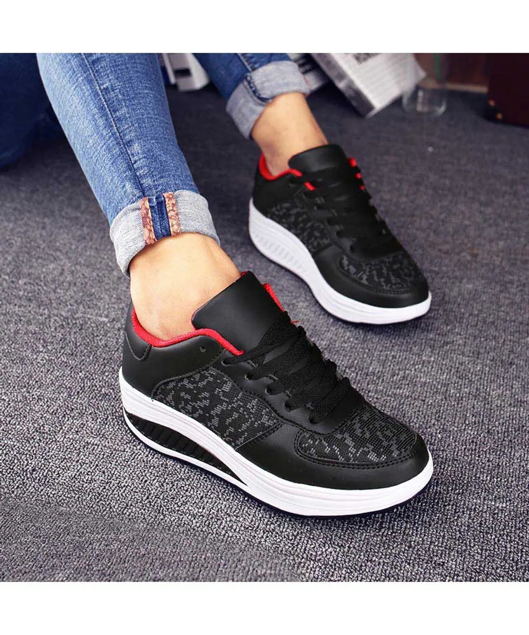 Black texture pattern rocker bottom shoe sneaker