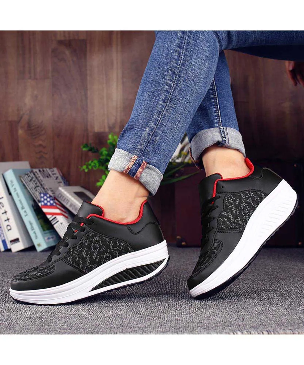 Black texture pattern rocker bottom shoe sneaker