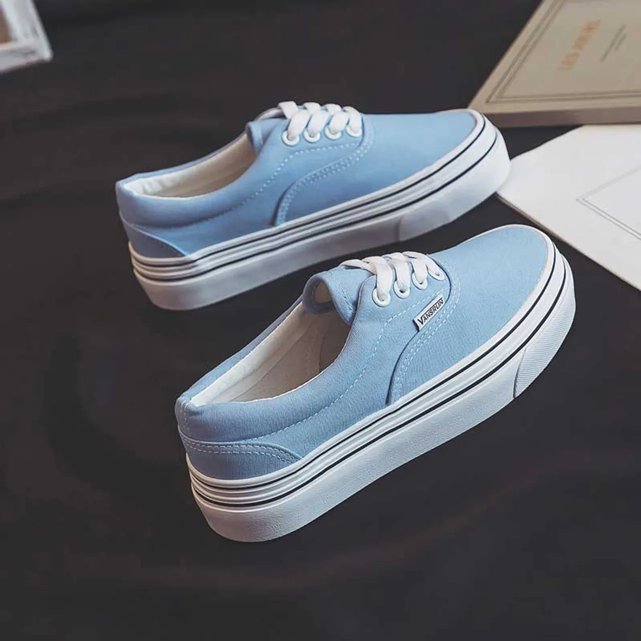 Blue casual thread accents canvas shoe sneaker