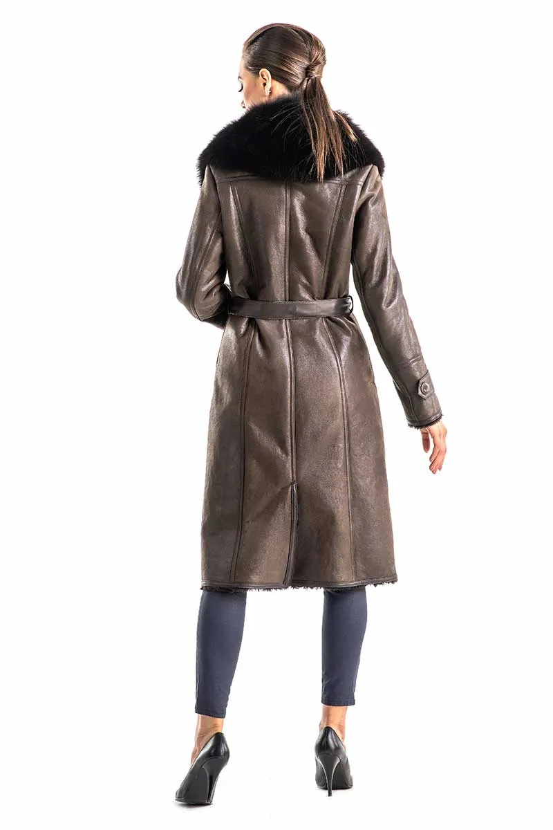 Brown Genuine Merino Shearling Coat with Arctic Fox Fur Collar