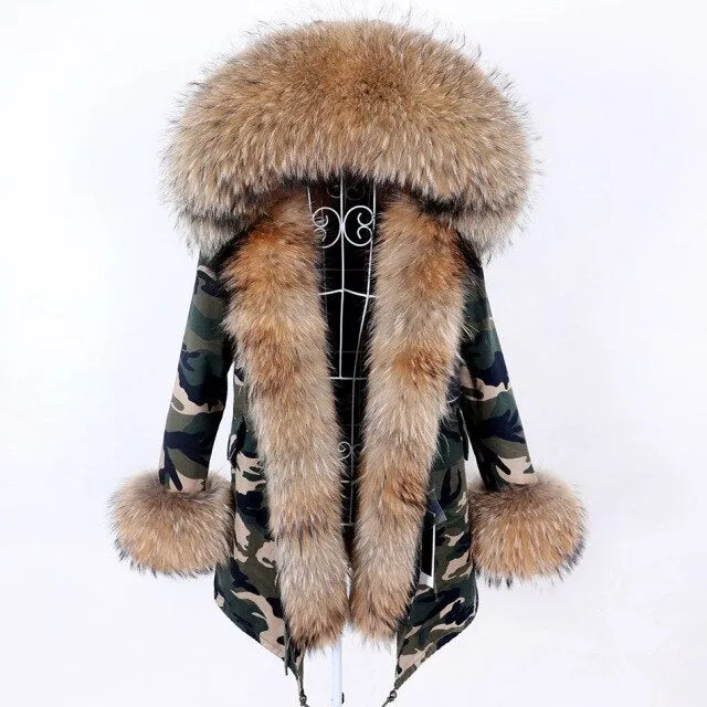 Camouflage Pattern Women's Natural Real Fur Collared Coat Jacket for Winter