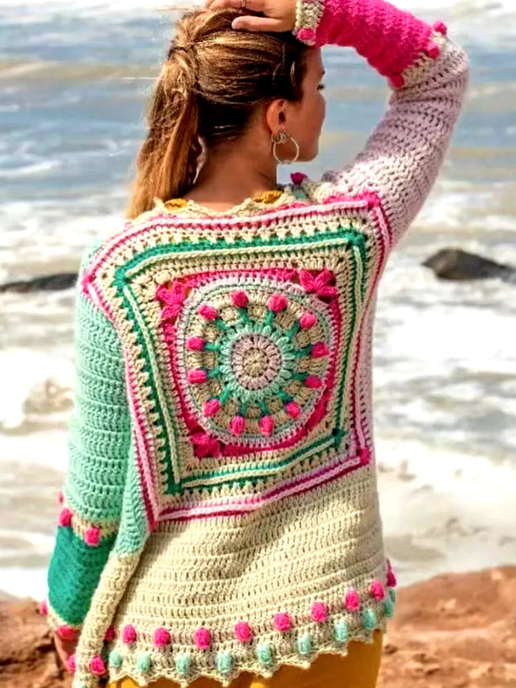 Casual Boho Beach Long Sleeve Spring Summer Ethnic Jumper Vintage Handmade Bohemian Cardigan Crochet Sweater Jacket Women Coat