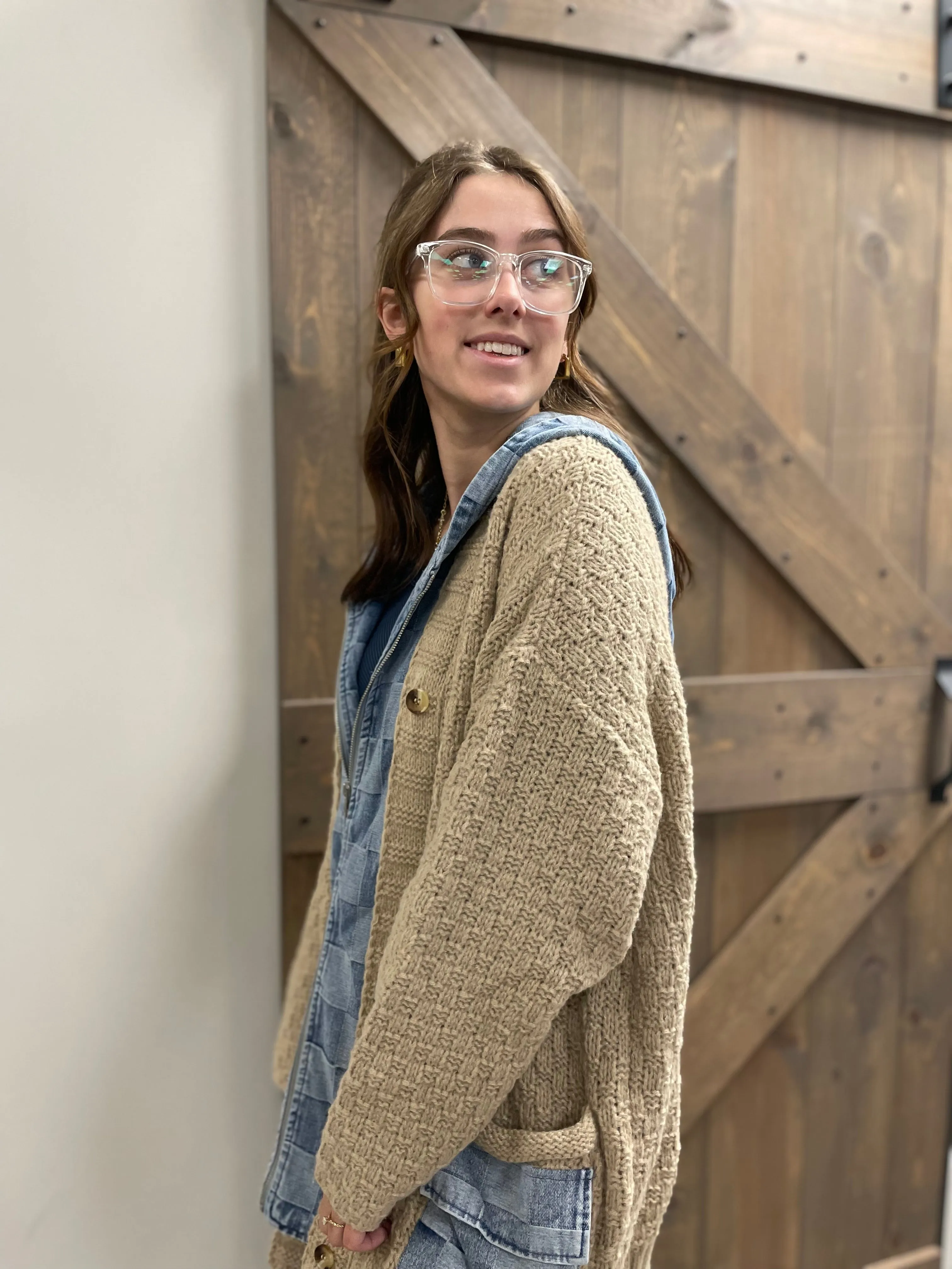 CHECKER SWEATER CARDIGAN | LATTE & DENIM