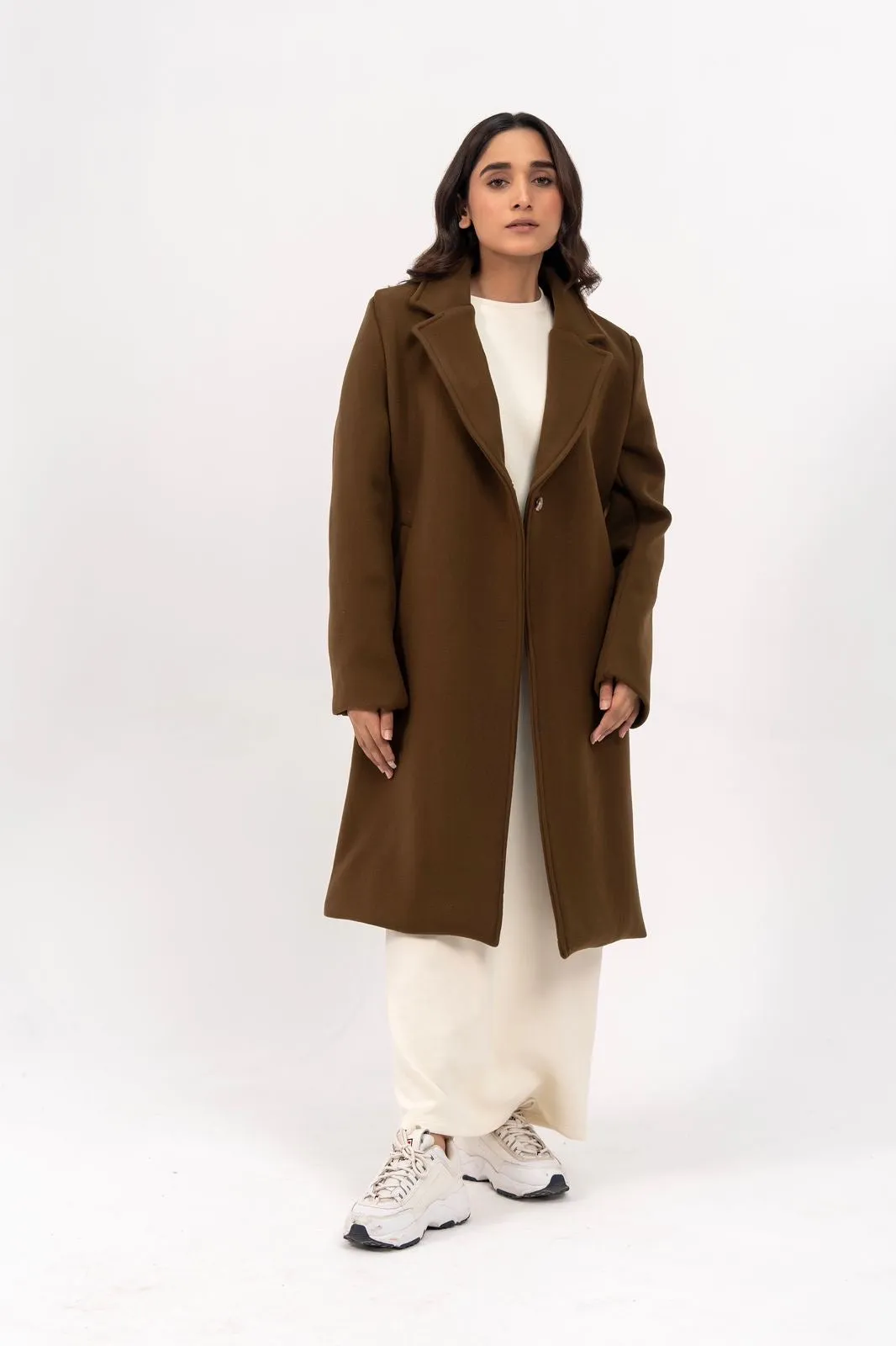 Classic One Button Wool Coat - Greenish Brown