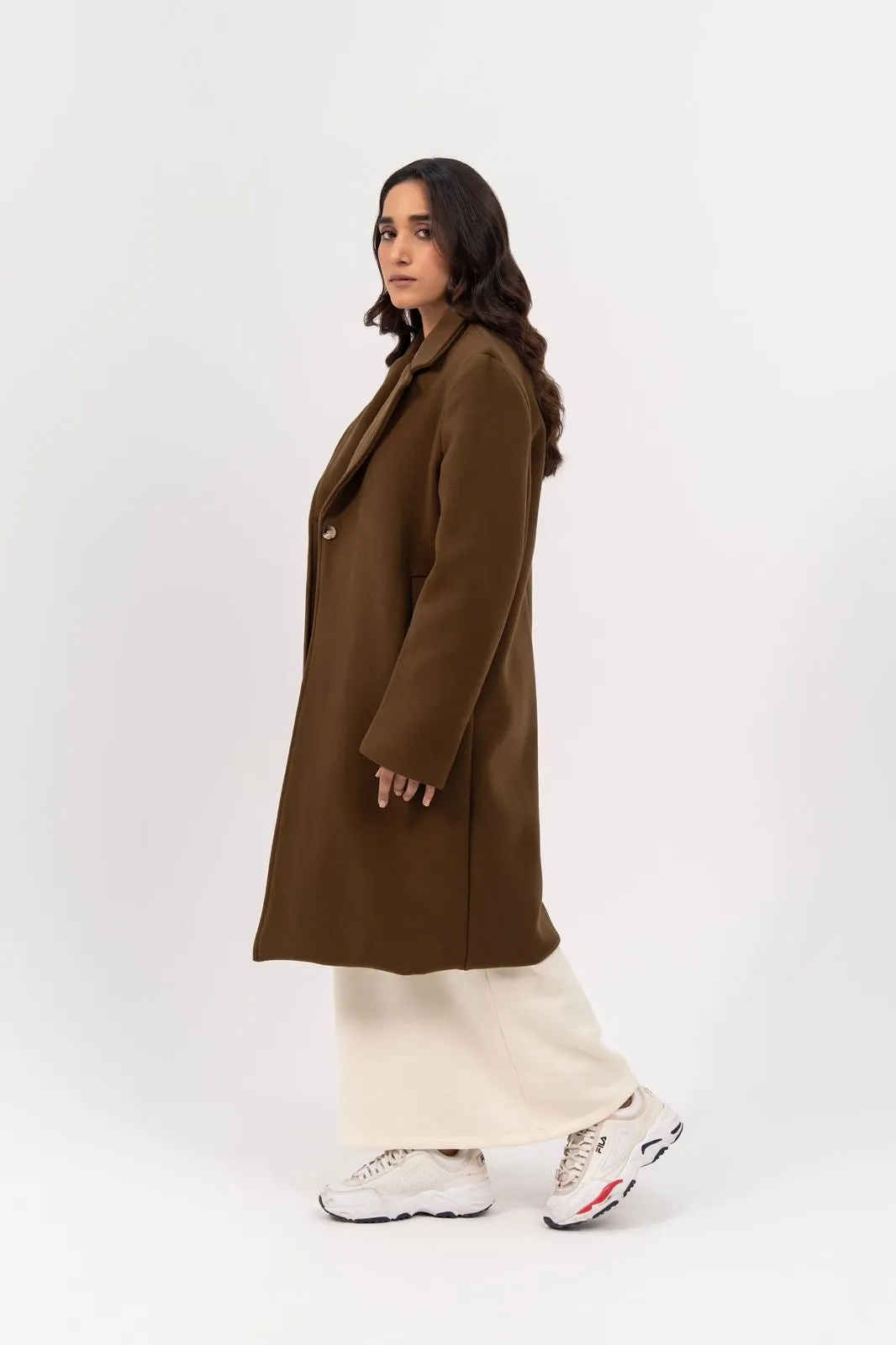 Classic One Button Wool Coat - Greenish Brown