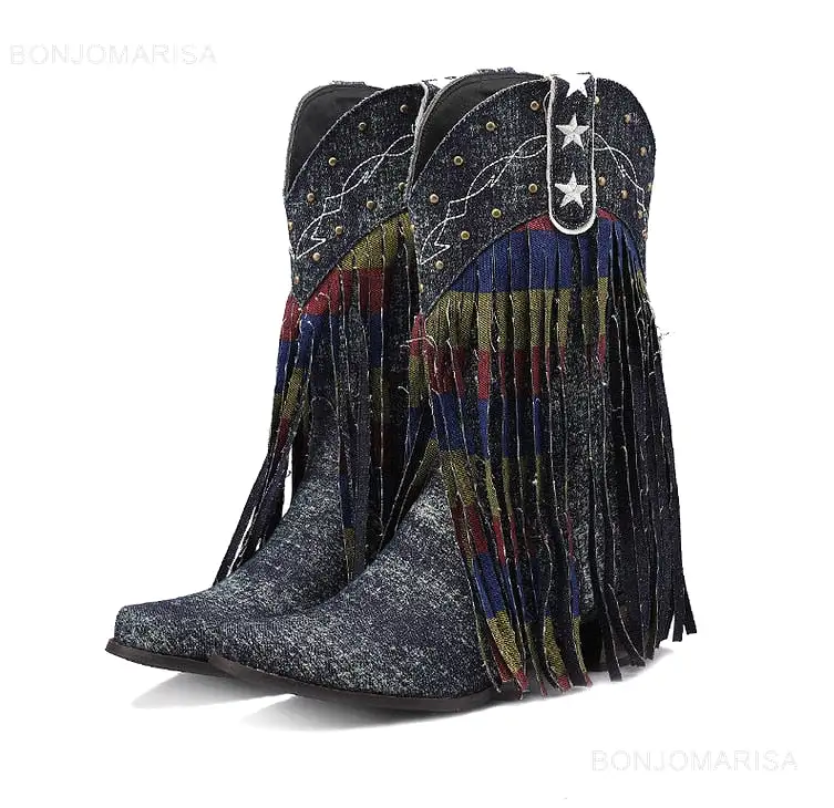 Cowboy Cowgirl Boots  Women High Heeled Western Mid-calf Boots Pointed Toed Denim Fringe Star Embroidered Shoes