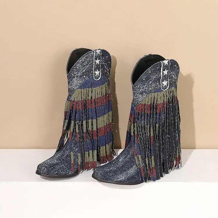 Cowboy Cowgirl Boots  Women High Heeled Western Mid-calf Boots Pointed Toed Denim Fringe Star Embroidered Shoes