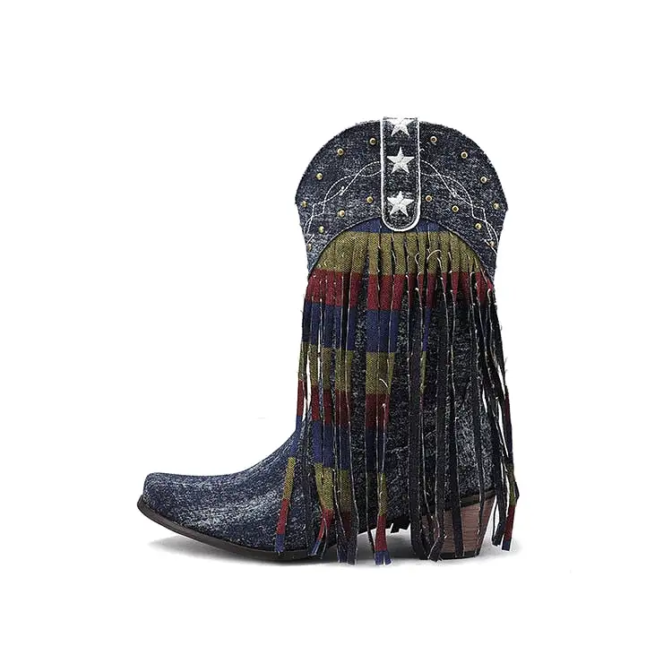 Cowboy Cowgirl Boots  Women High Heeled Western Mid-calf Boots Pointed Toed Denim Fringe Star Embroidered Shoes