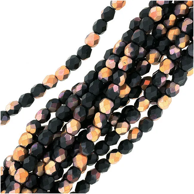 Czech Fire Polished Glass Beads 4mm Round 'Matte Apollo Gold Half-Coat Jet' (50 pcs)