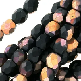 Czech Fire Polished Glass Beads 4mm Round 'Matte Apollo Gold Half-Coat Jet' (50 pcs)