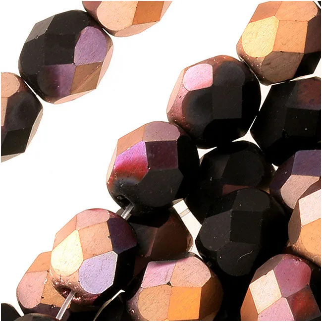 Czech Fire Polished Glass Beads 6mm Round 'Matte Apollo Gold Half-Coat Jet' (25 pcs)