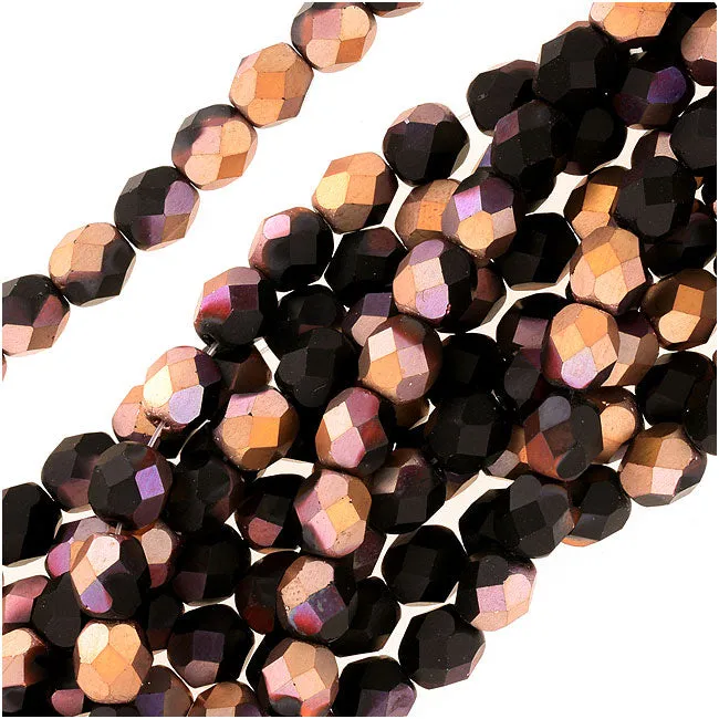 Czech Fire Polished Glass Beads 6mm Round 'Matte Apollo Gold Half-Coat Jet' (25 pcs)