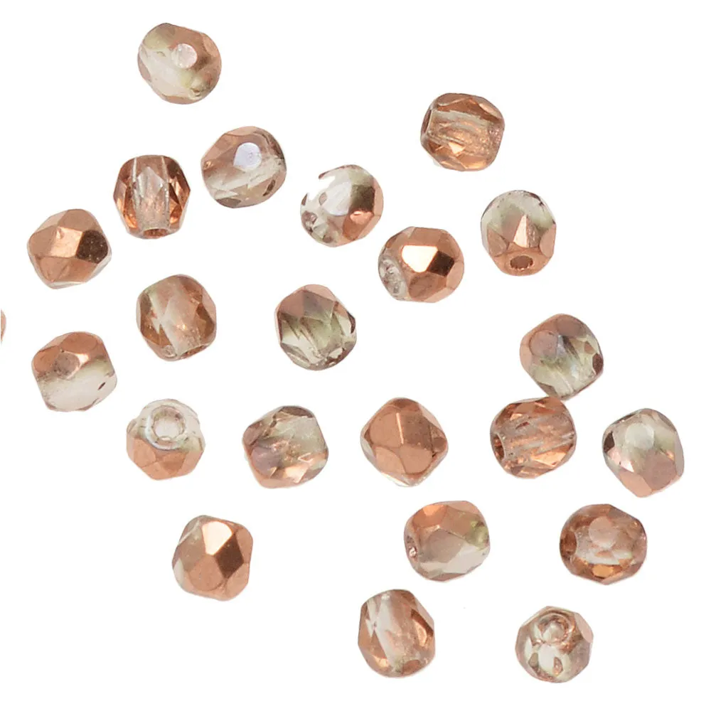 Czech Fire Polished Glass Beads, Round 3mm, Crystal Copper Half-Coat (50 Pieces)