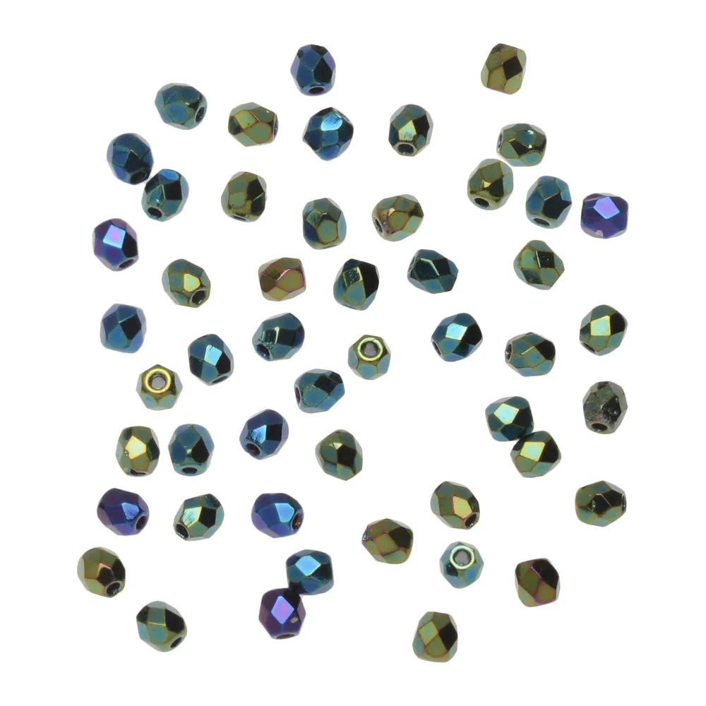 Czech Fire Polished Glass Beads, Round 3mm, Green Iris Full-Coat (1 Strand)