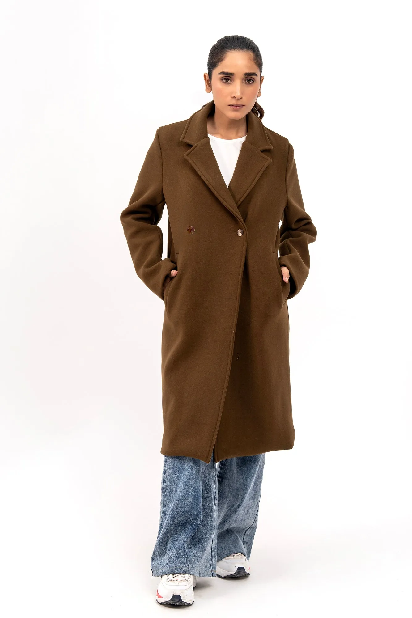 Double Breasted Wool Coat - Greenish Brown