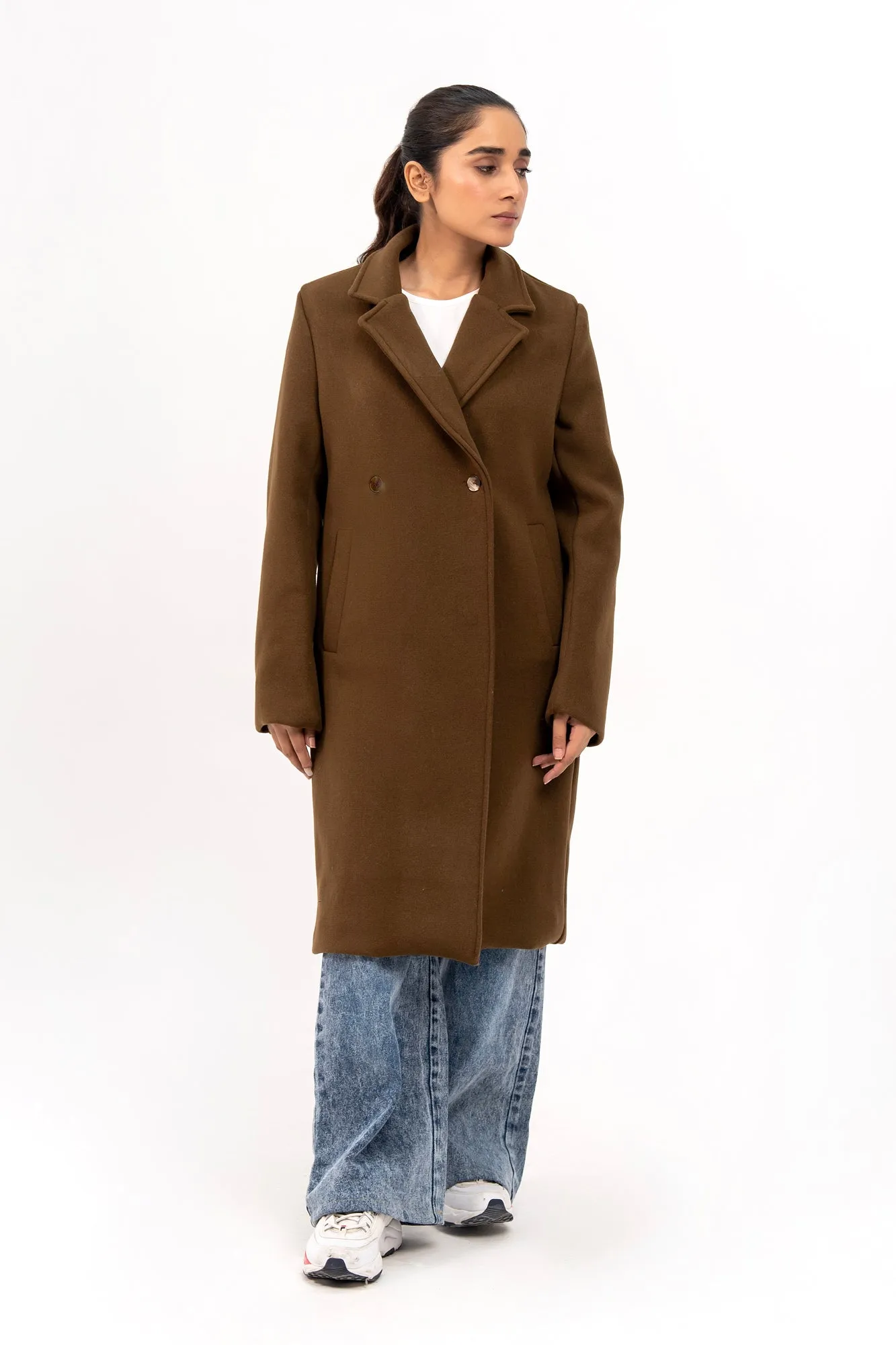 Double Breasted Wool Coat - Greenish Brown