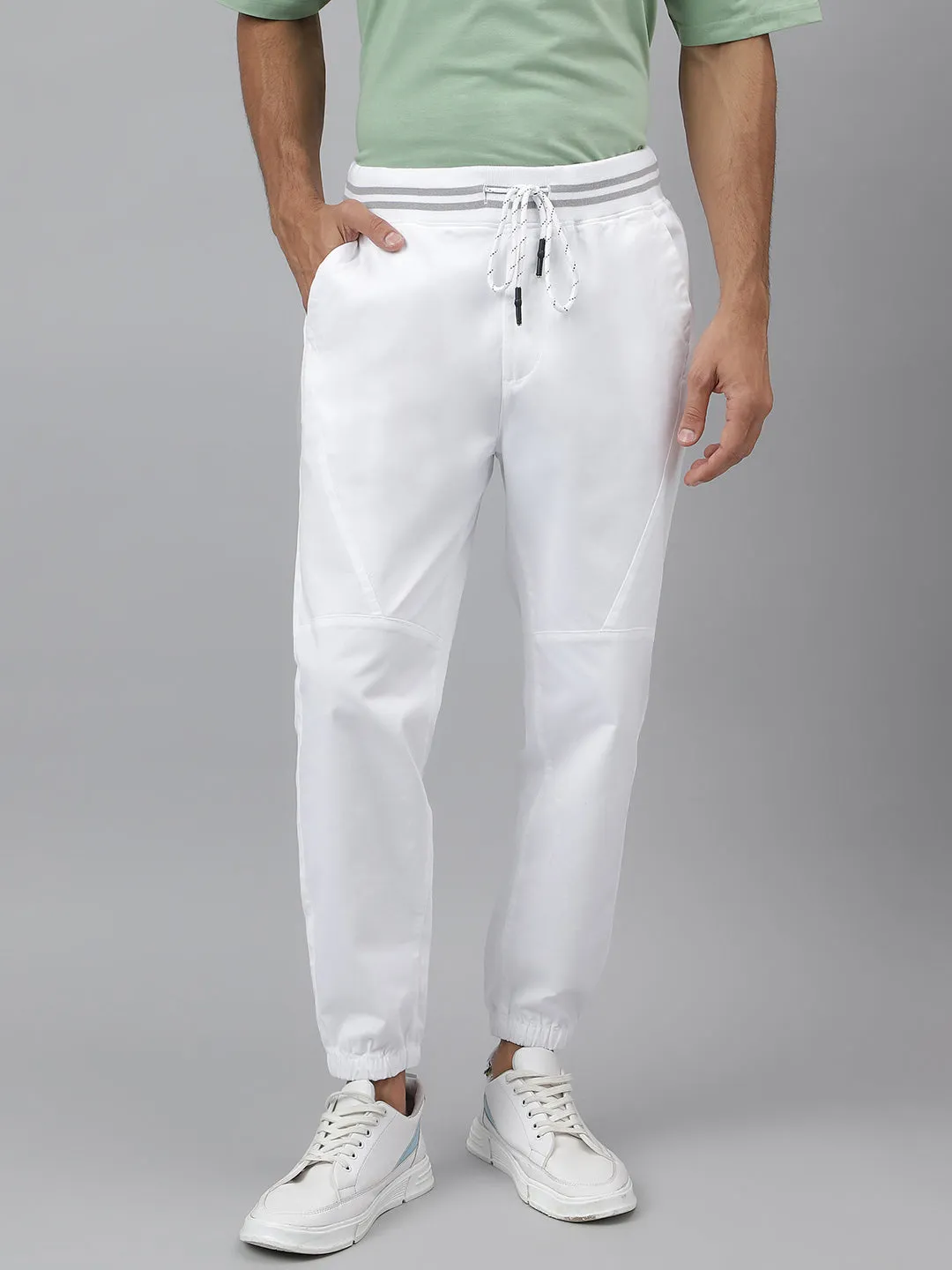 Drawstring Rib Waist White Jogger Pants - Voyager