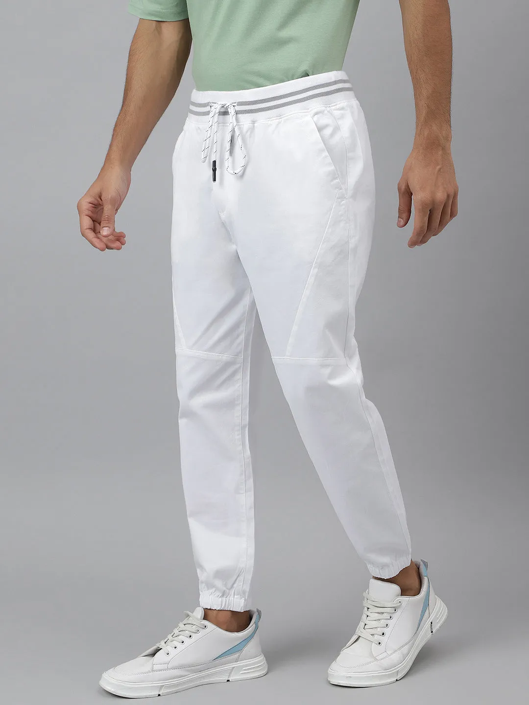 Drawstring Rib Waist White Jogger Pants - Voyager