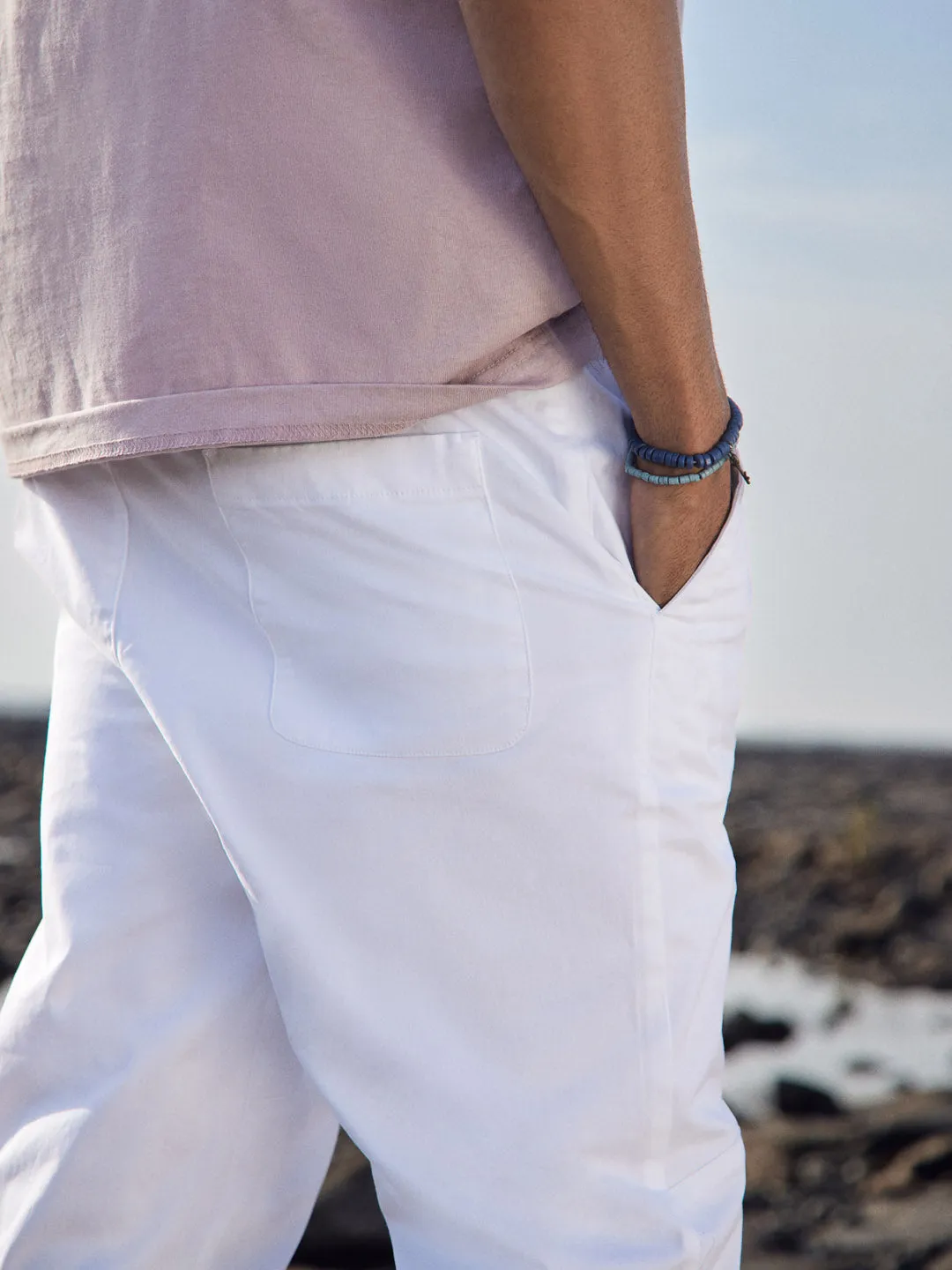 Drawstring Rib Waist White Jogger Pants - Voyager