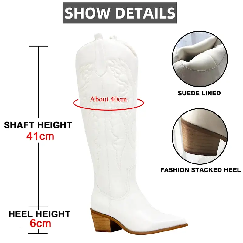 Embroidered Cowboy Boots for Women Knee High Midium Chunky Heel Pointed Toe Retro Classic Western Cowgirl Boots