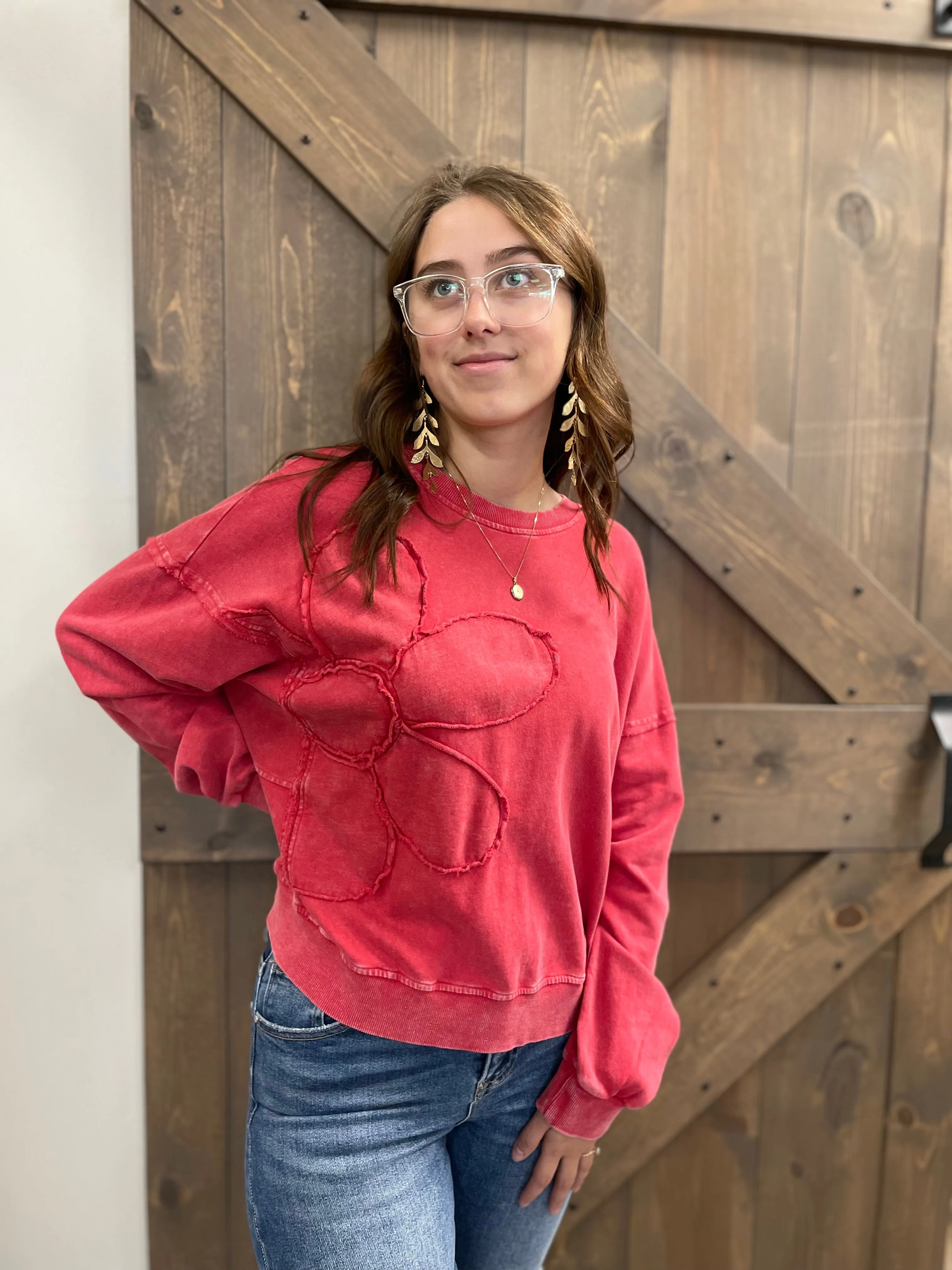 Flower Sweater | Patch Detailing | Boho Red