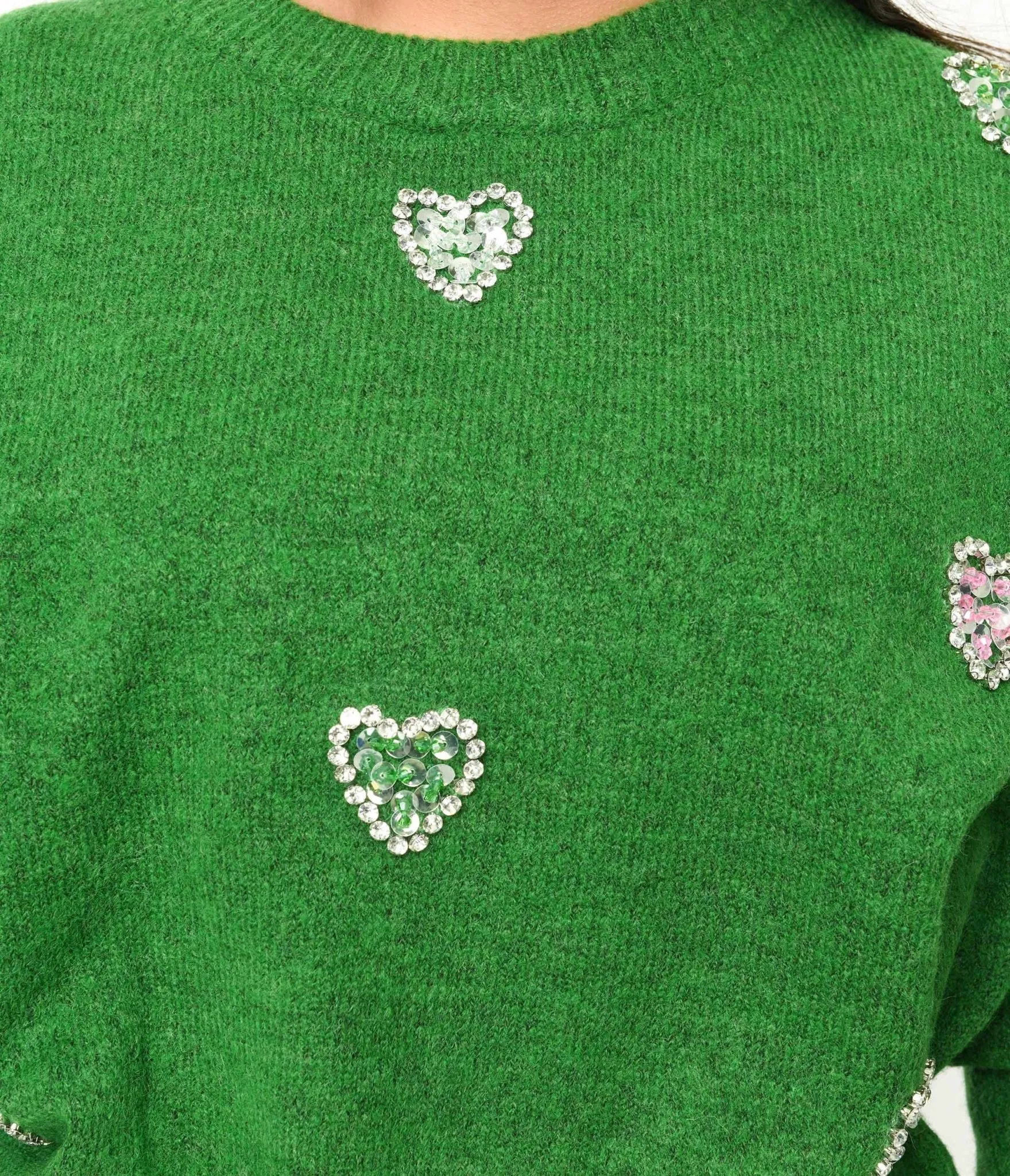 Green Rhinestone Hearts Embellished Pullover Sweater