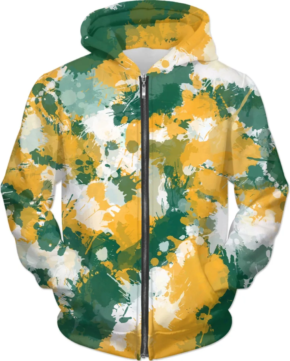 Green Yellow and White Paint Splatter Zip-Up Hoodie