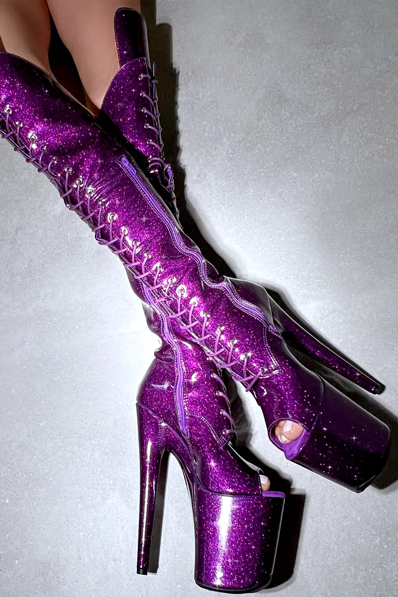 Hella Heels The Glitterati Open Toe Over The Knee 8inch Boots - Purple Rain