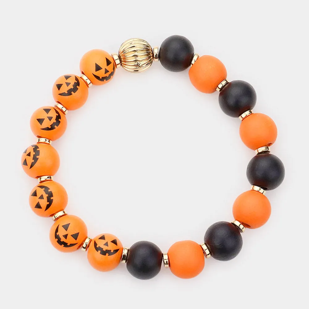 iLLASPARKZ Halloween Pumpkin Accented Wood Beaded Stretch Bracelet