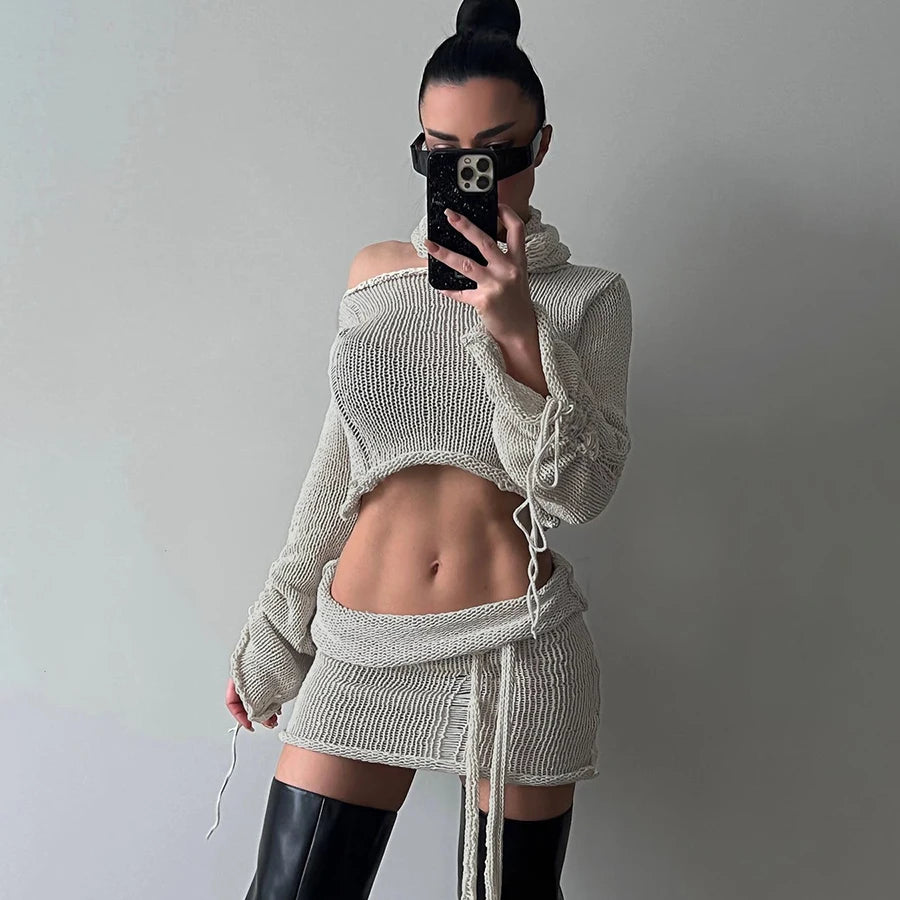 Lady Scarf+Sweater+Hip Skirt Autumn Women 2 Piece Skirt Set Short Casual Knitted Sweater Women's Set