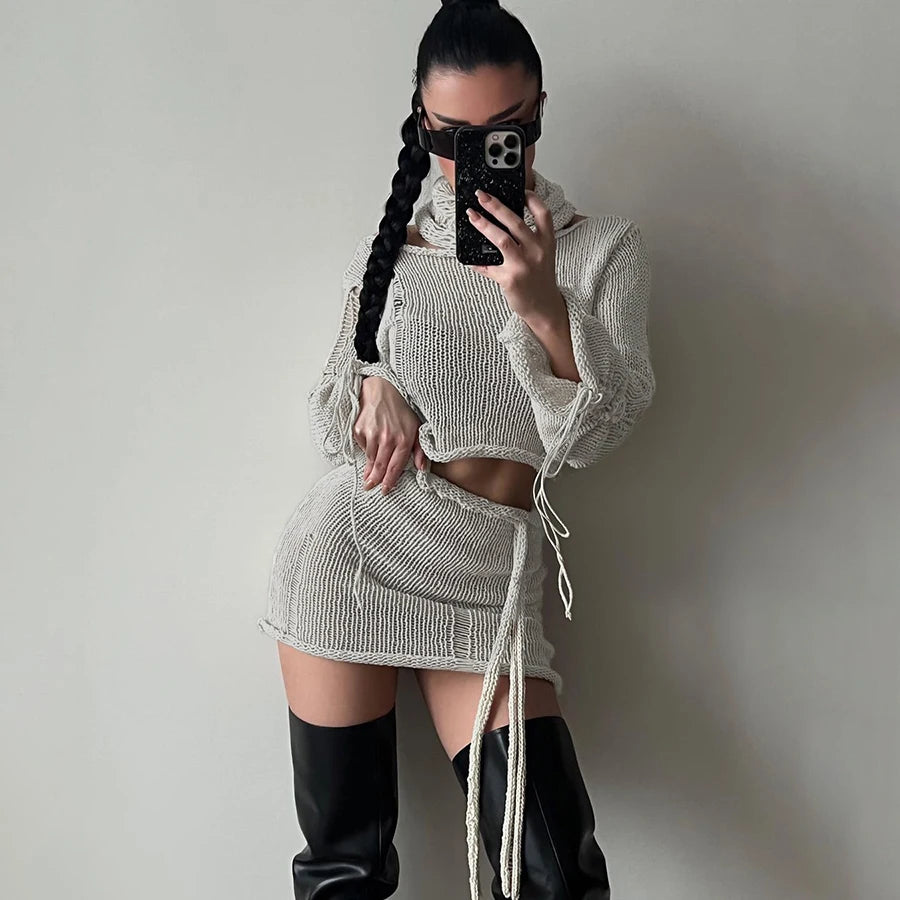 Lady Scarf+Sweater+Hip Skirt Autumn Women 2 Piece Skirt Set Short Casual Knitted Sweater Women's Set