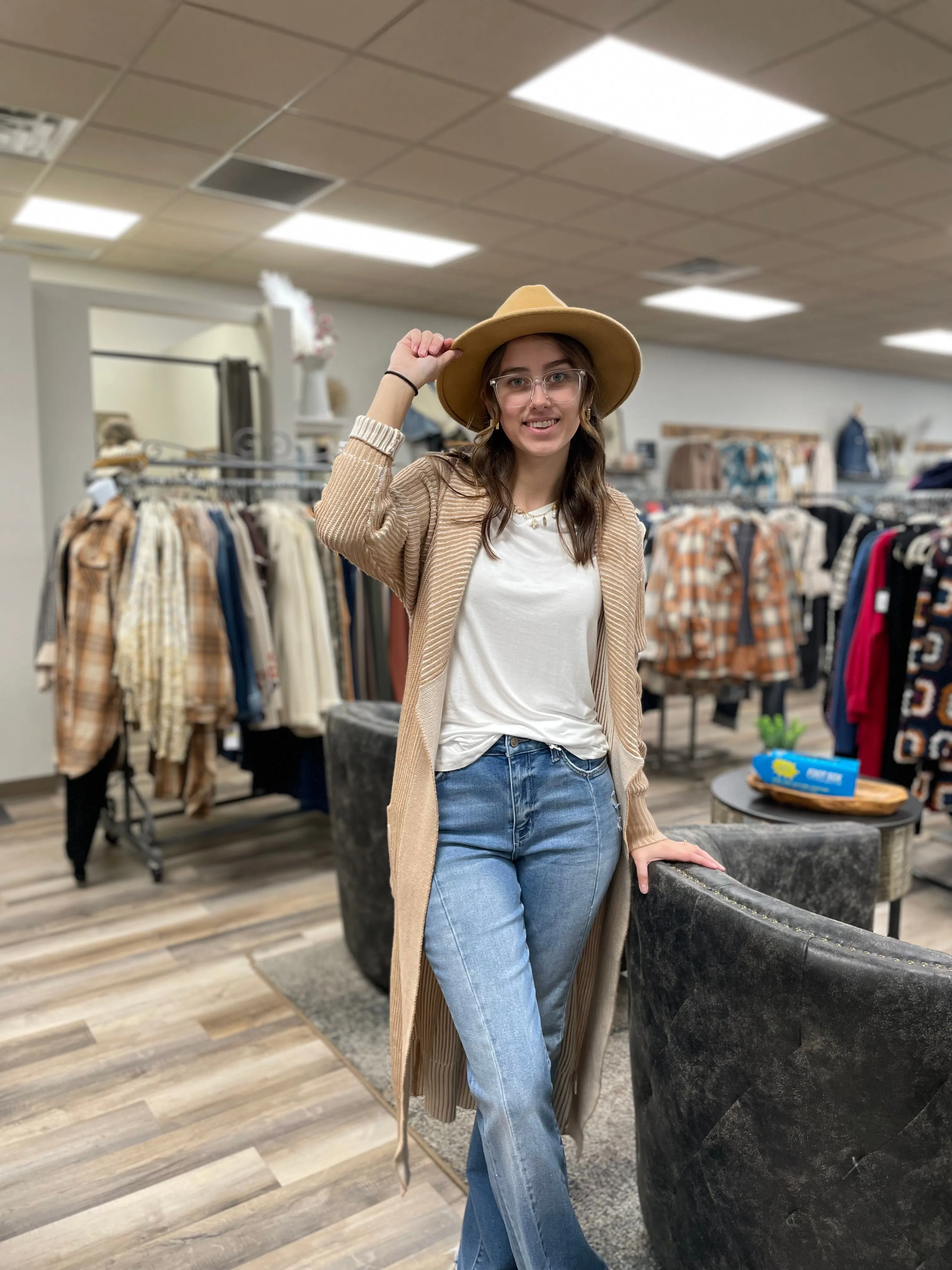 Long Sweater Cardigan | Tan & White