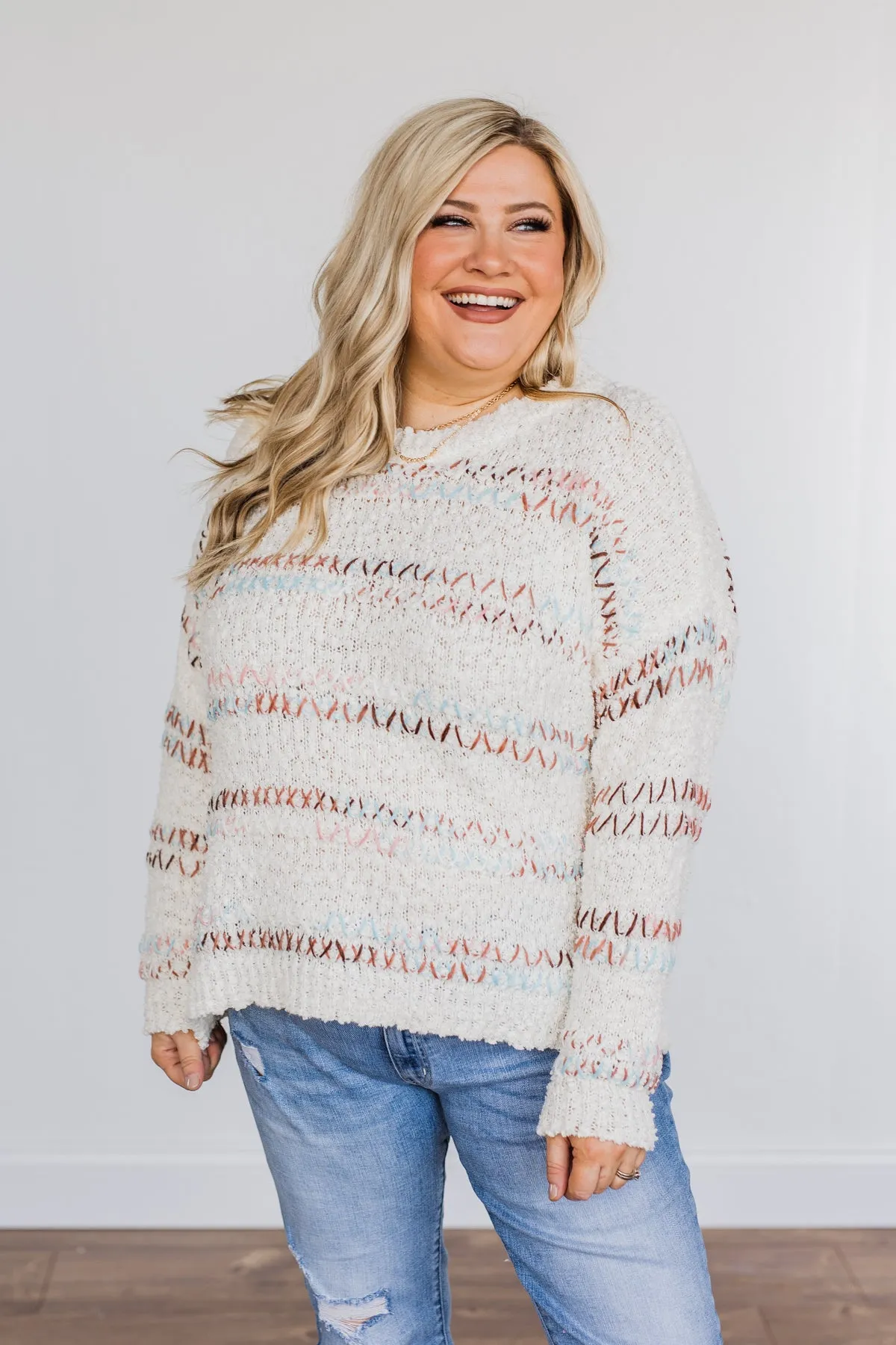 Lovely Aura Cross Stitch Striped Sweater- Ivory